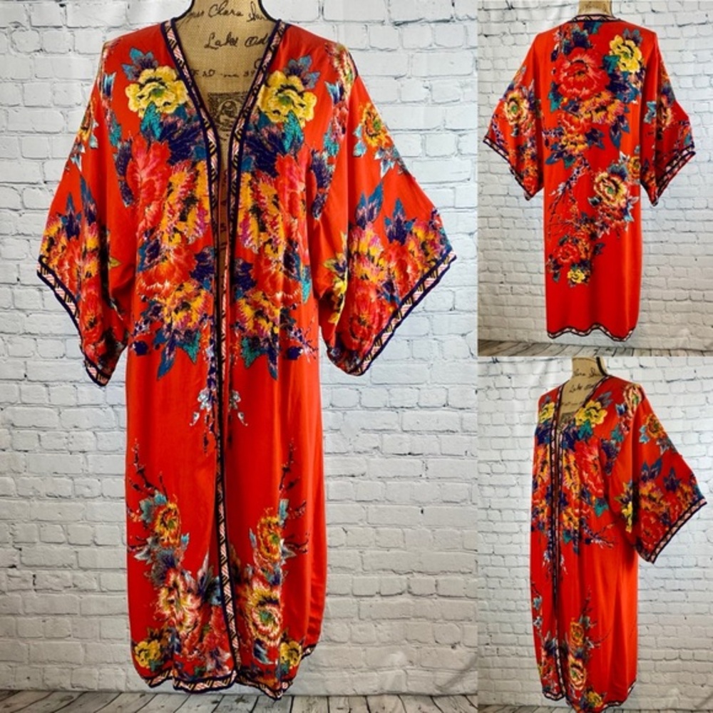 Flying Tomato Red Floral Print Open Front Long Kimono